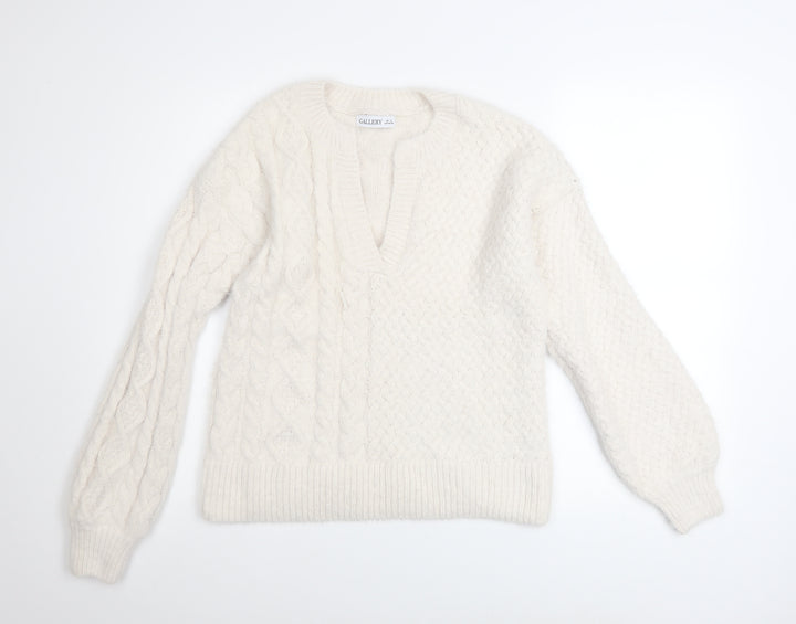 Gallery Women’s Ivory Cable Knit V-Neck Jumper Size S