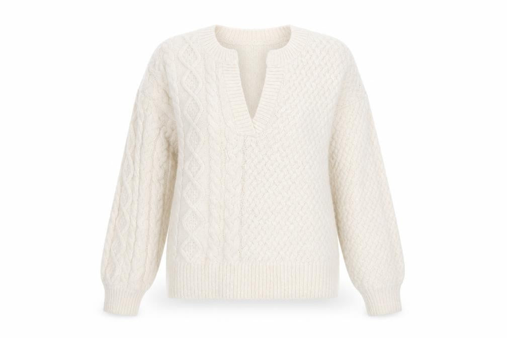 Front view of Gallery Women’s Ivory Cable Knit V-Neck Jumper, size S