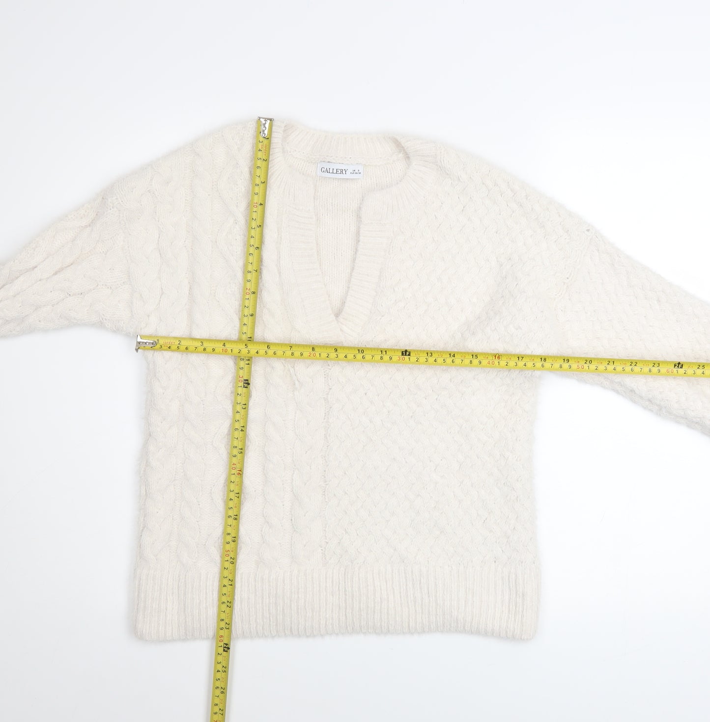 Gallery Women’s Ivory Cable Knit V-Neck Jumper Size S