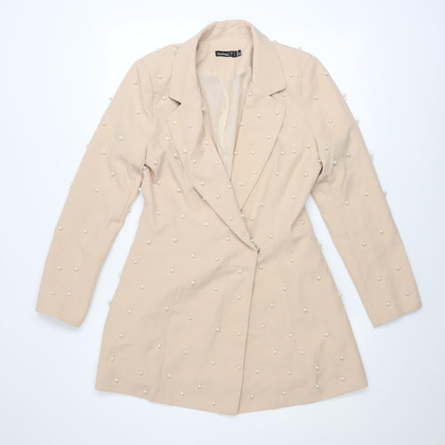 Boohoo Womens Beige Pearl Embellished Blazer UK 8 Classic Mid-Length