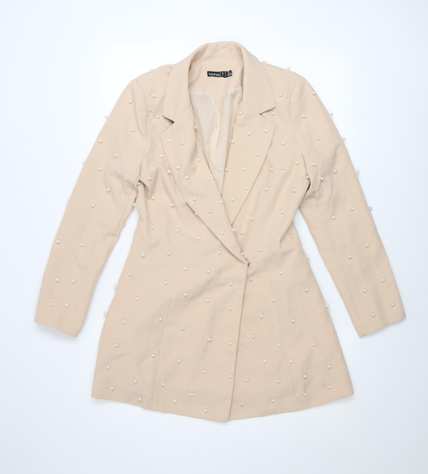 Boohoo Womens Beige Pearl Embellished Blazer UK 8 Classic Mid-Length