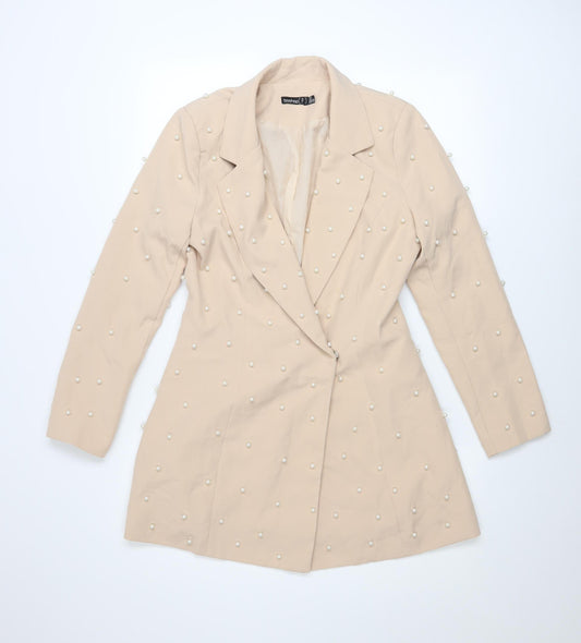 Boohoo Womens Beige Pearl Embellished Blazer UK 8 Classic Mid-Length