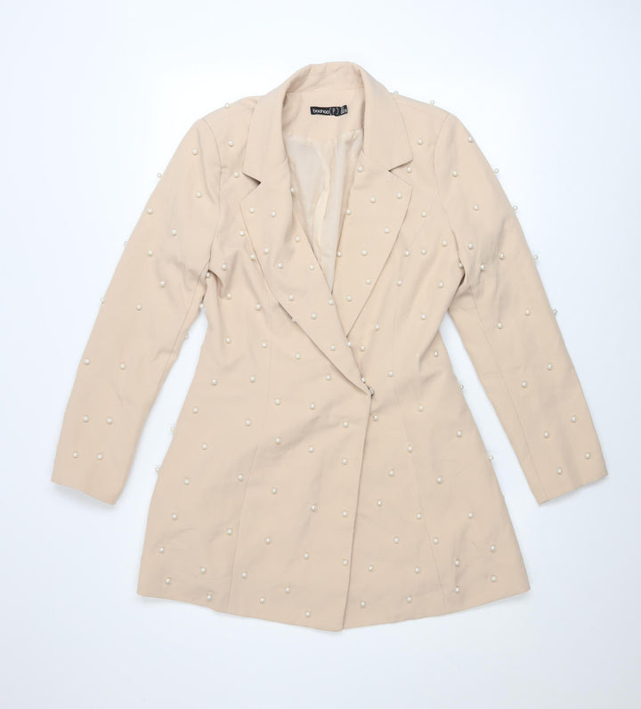 Boohoo Womens Beige Pearl Embellished Blazer UK 8 Classic Mid-Length