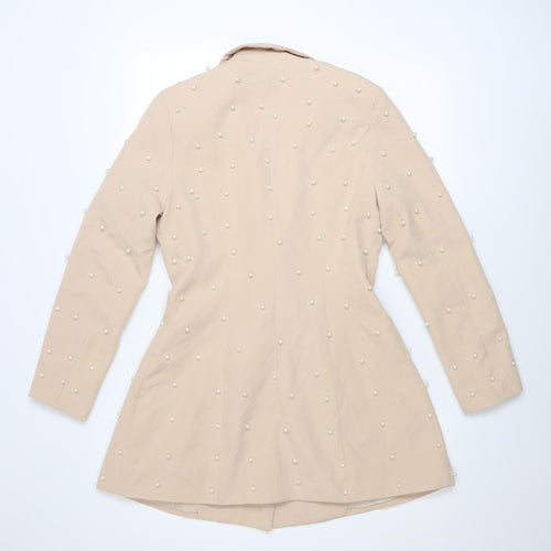 Boohoo Womens Beige Pearl Embellished Blazer UK 8 Classic Mid-Length
