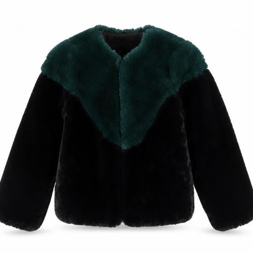 Lucy Wang Womens Black and Green Faux Fur Jacket Size M