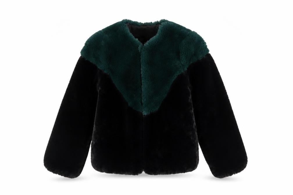 Lucy Wang Womens Black and Green Faux Fur Jacket Size M
