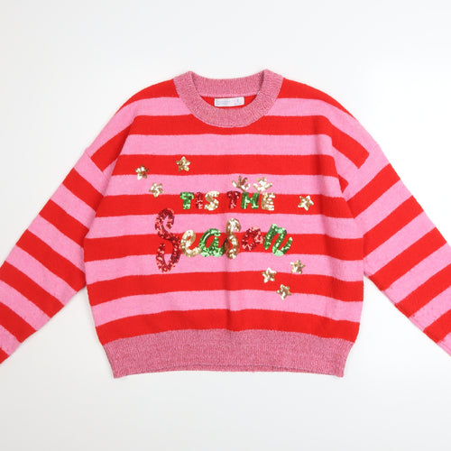 Primark Womens Red Pink Striped Sequin Christmas Jumper Size S