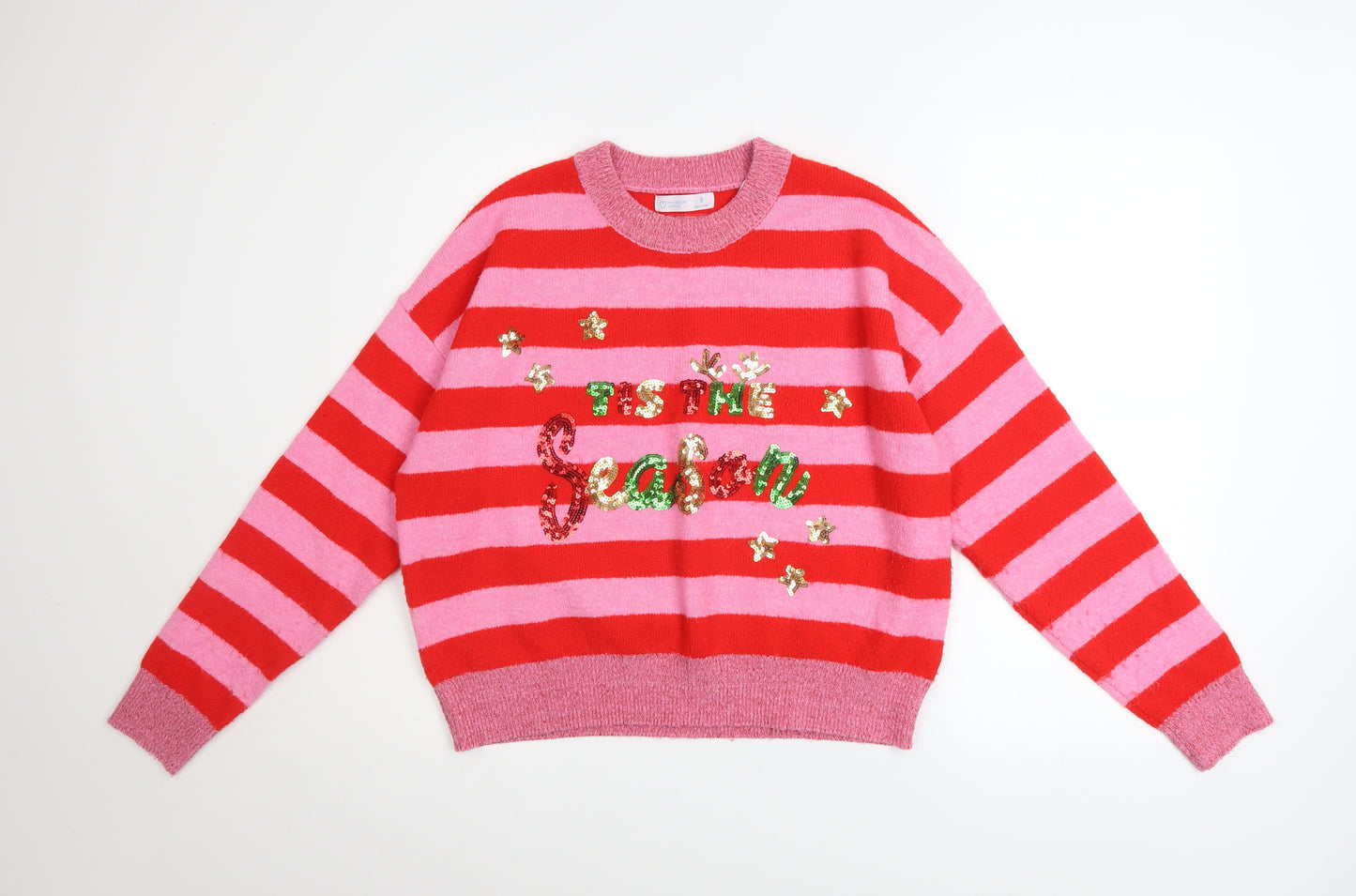 Primark Womens Red Pink Striped Sequin Christmas Jumper Size S