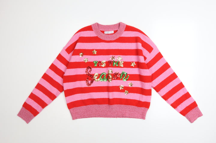 Primark Womens Red Pink Striped Sequin Christmas Jumper Size S