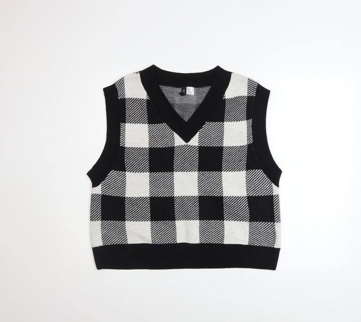 H&M Women’s Black Check Knit V-Neck Sleeveless Vest Jumper Size 12