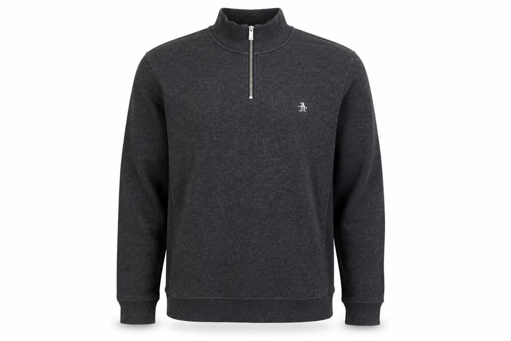 Front view of Original Penguin Men's Grey 1/4 Zip Mock Neck Sweatshirt, size L