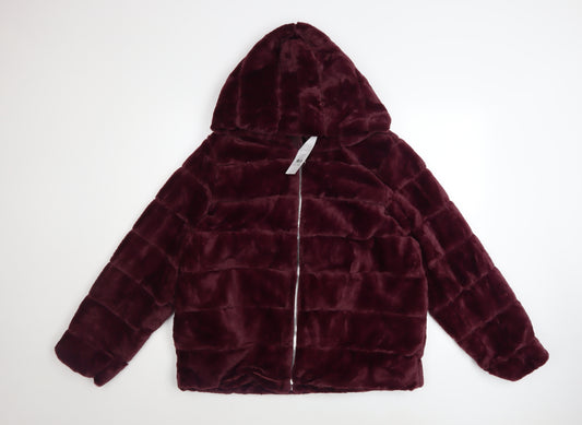 Pepco Women Burgundy Faux Fur Hooded Zip Jacket Size 16