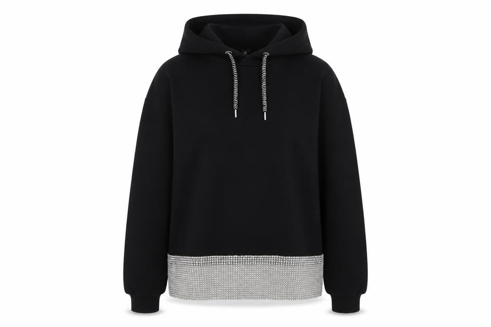 Front view of River Island Women’s Black Sequin Hem Hooded Pullover Hoodie, size S