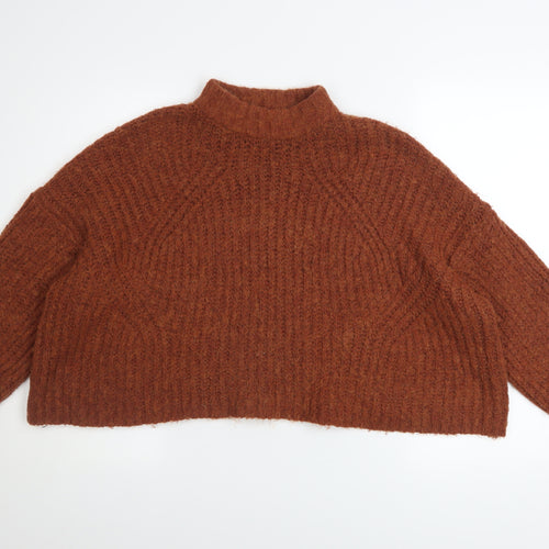 Bershka Women Brown Mock Neck Chunky-Knit Wool Blend Jumper Size S