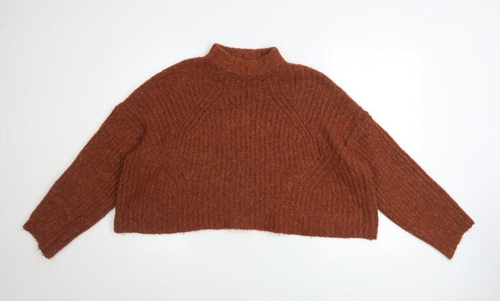 Bershka Women Brown Mock Neck Chunky-Knit Wool Blend Jumper Size S