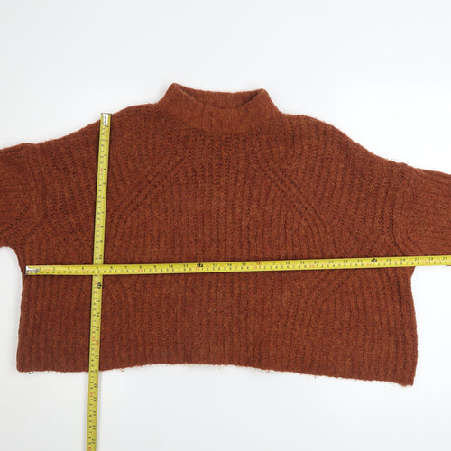 Bershka Women Brown Mock Neck Chunky-Knit Wool Blend Jumper Size S