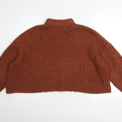 Bershka Women Brown Mock Neck Chunky-Knit Wool Blend Jumper Size S