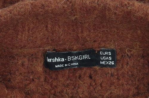 Bershka Women Brown Mock Neck Chunky-Knit Wool Blend Jumper Size S