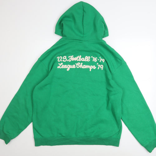 H&M Men’s Green Relaxed Fit Pullover Hoodie L Graphic Sports Style
