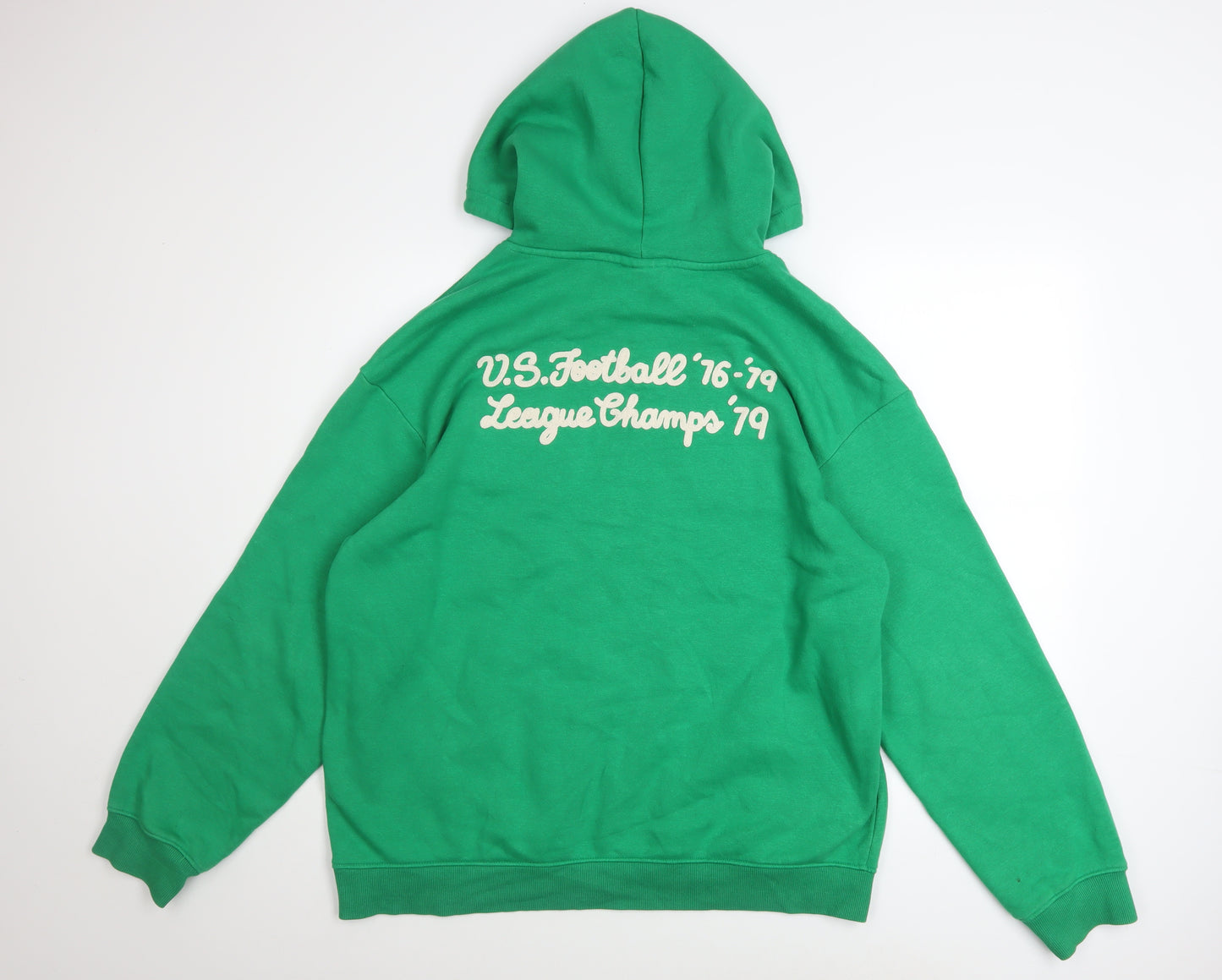 H&M Men’s Green Relaxed Fit Pullover Hoodie L Graphic Sports Style