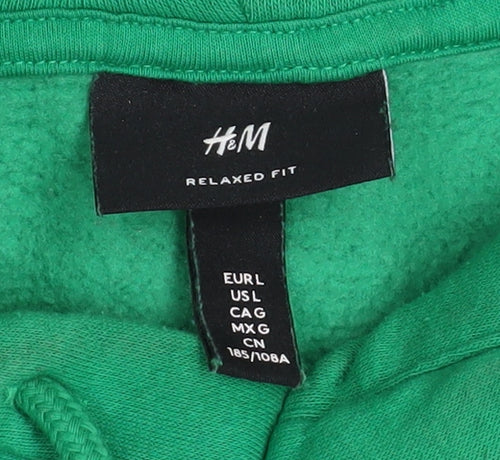 H&M Men’s Green Relaxed Fit Pullover Hoodie L Graphic Sports Style