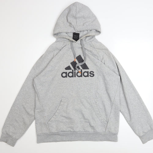 adidas Men Grey Pullover Hoodie L Logo Sports Performance
