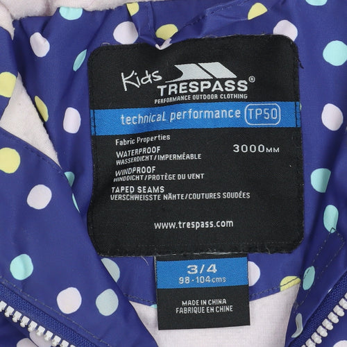 Trespass Girls Blue Polka Dot Waterproof Hooded Rain Coat 3-4 Years