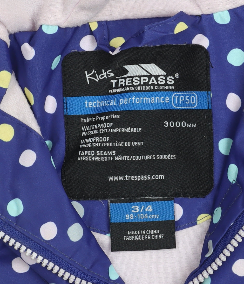 Trespass Girls Blue Polka Dot Waterproof Hooded Rain Coat 3-4 Years