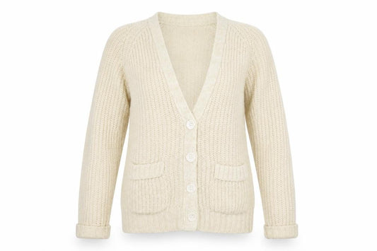 Front view of Atmosphere Women Beige Knit Button Cardigan, size 12, Wool Blend
