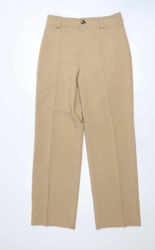 Zara Women Beige Chino Trousers M Straight Mid Rise Workwear