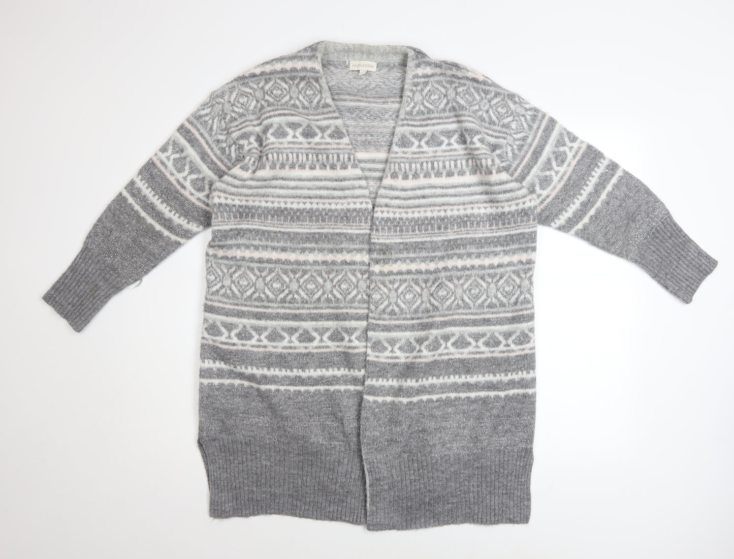 Monsoon Women Grey Fair Isle Knit Long Sleeve Open Cardigan M