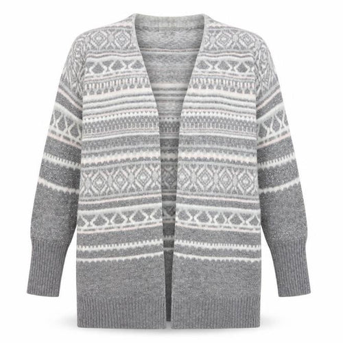 Monsoon Women Grey Fair Isle Knit Long Sleeve Open Cardigan M