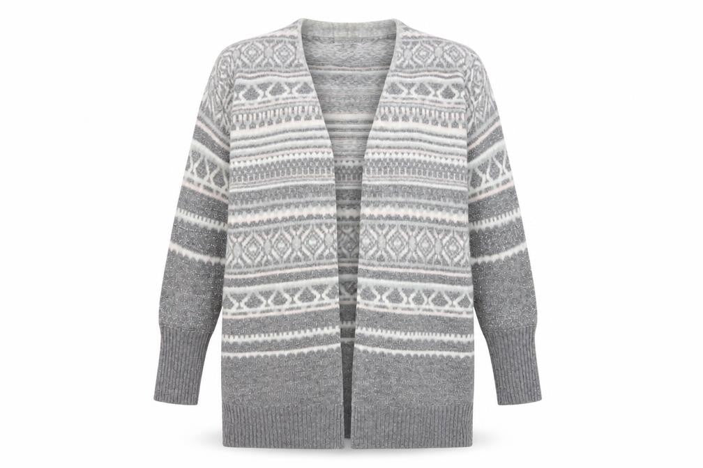Monsoon Women Grey Fair Isle Knit Long Sleeve Open Cardigan M