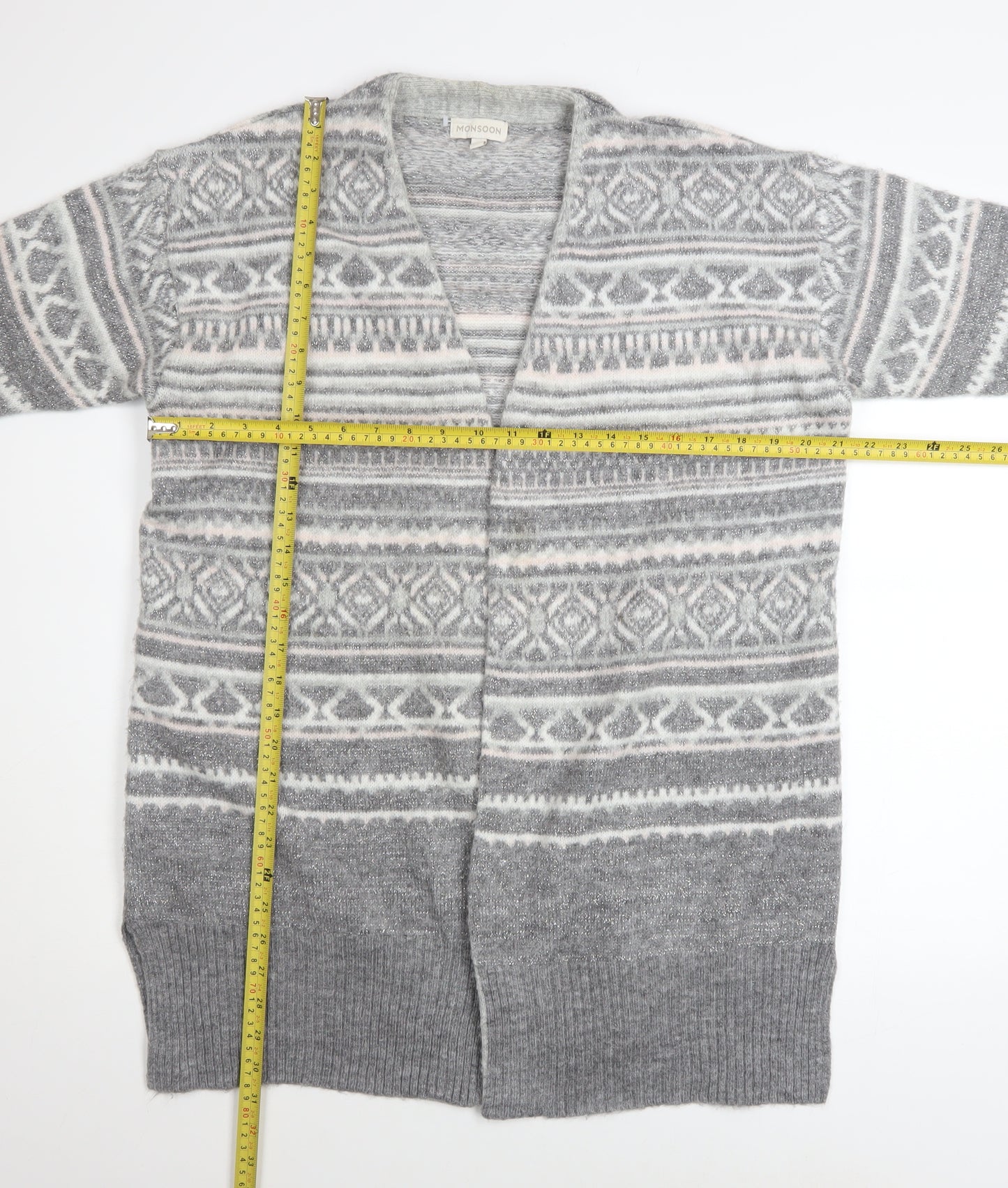 Monsoon Women Grey Fair Isle Knit Long Sleeve Open Cardigan M