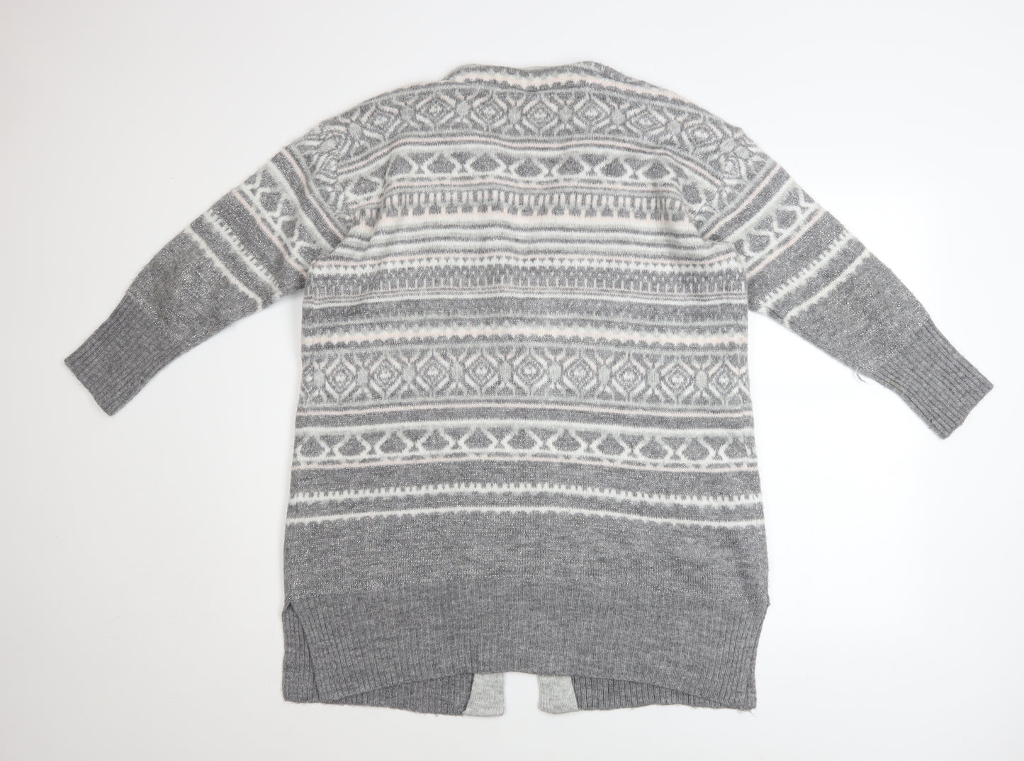 Monsoon Women Grey Fair Isle Knit Long Sleeve Open Cardigan M