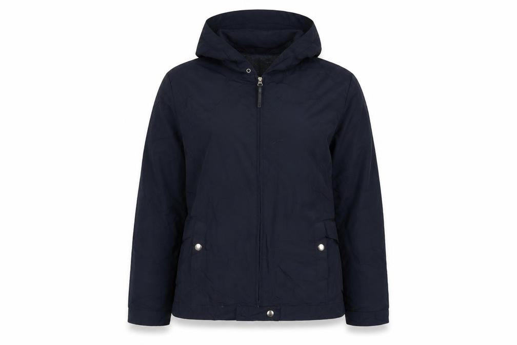 Front view of St Bernard women’s blue hooded anorak jacket, size UK 14, water resistant