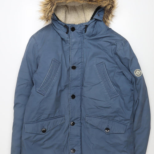 Next Men’s Blue Hooded Parka Coat L 44in Faux Fur Trim Winter Jacket