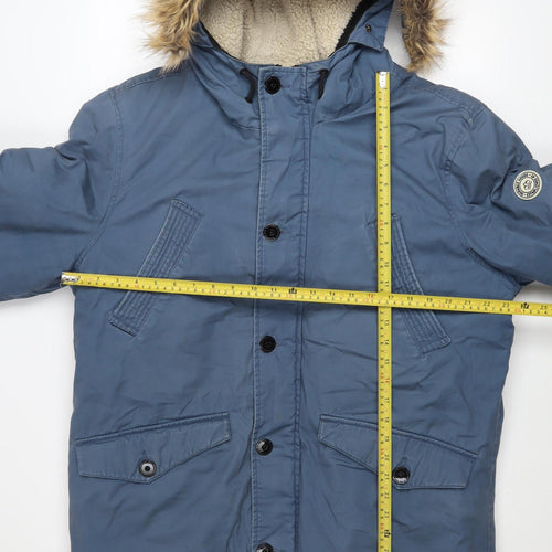 Next Men’s Blue Hooded Parka Coat L 44in Faux Fur Trim Winter Jacket