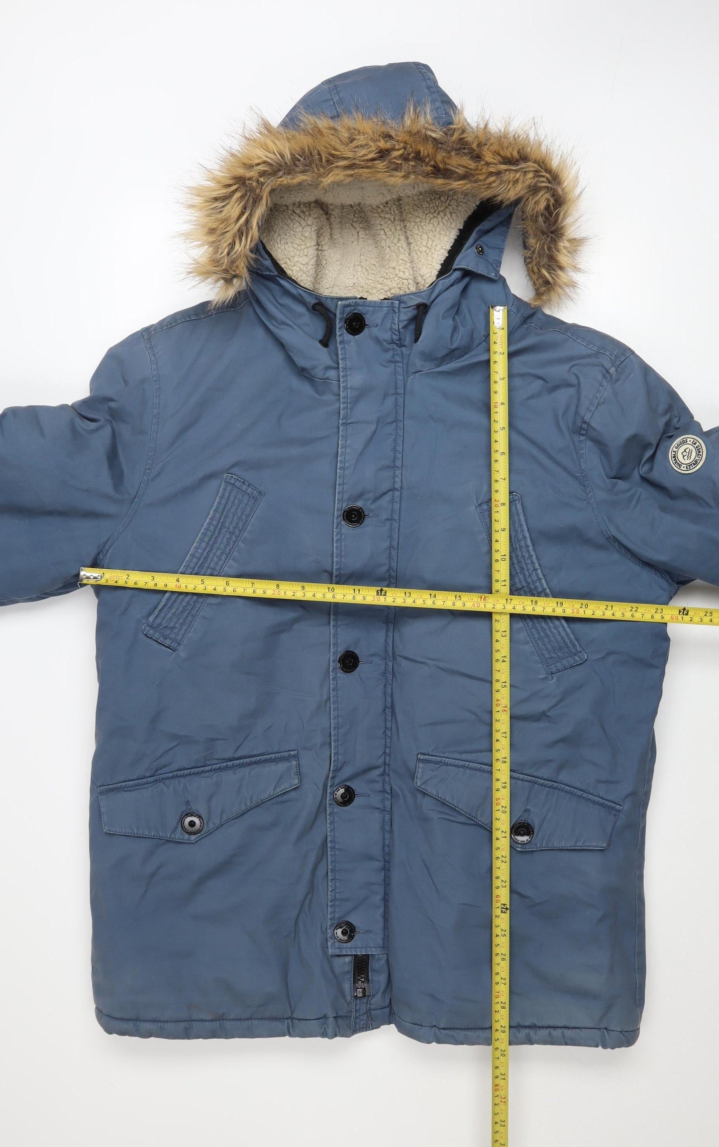 Next Men’s Blue Hooded Parka Coat L 44in Faux Fur Trim Winter Jacket