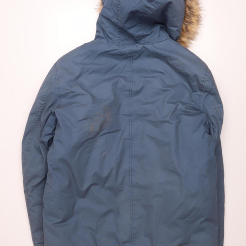 Next Men’s Blue Hooded Parka Coat L 44in Faux Fur Trim Winter Jacket