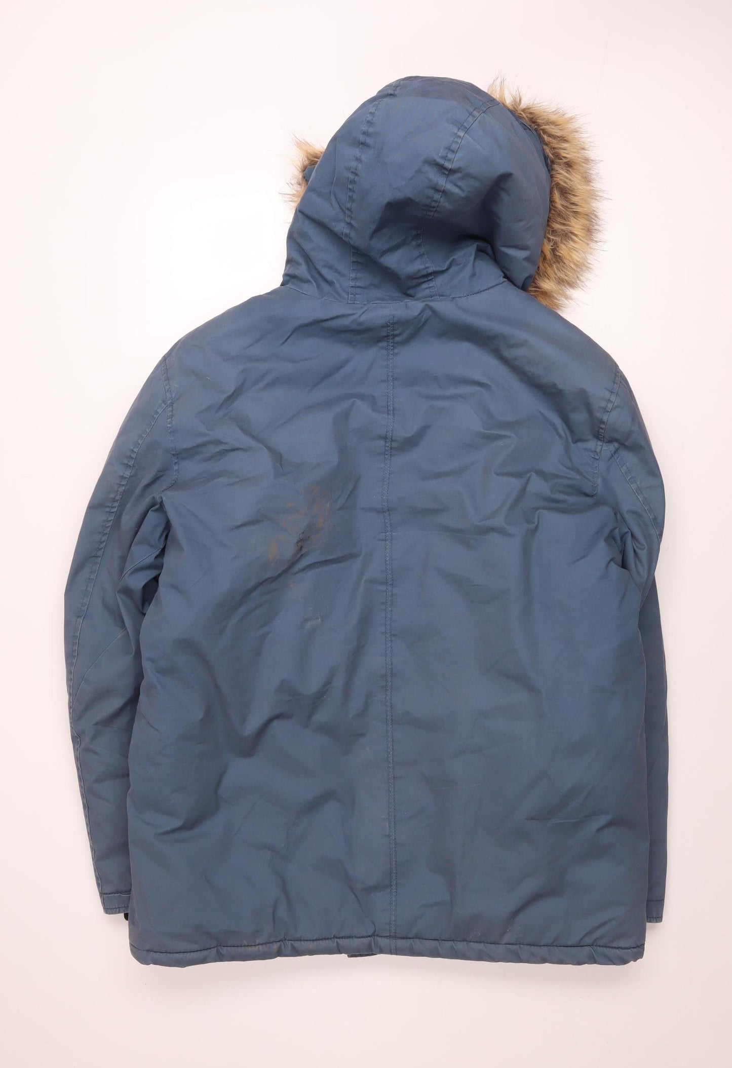 Next Men’s Blue Hooded Parka Coat L 44in Faux Fur Trim Winter Jacket