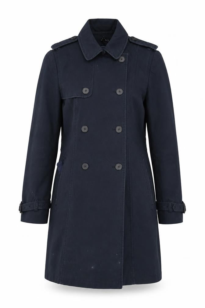 Front view of Jack Wills Women's Blue Cotton Blend Long Trench Coat, size 10