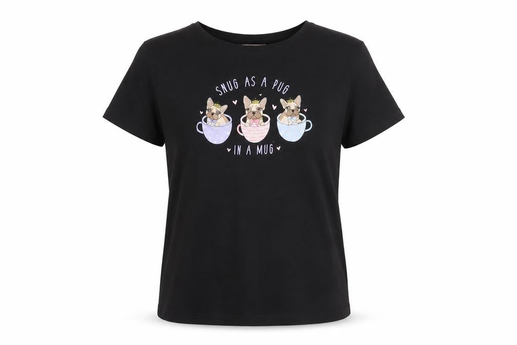 Lipsy Girls Black 'Snug as a Pug' Graphic Cotton T-Shirt 13-14 Years