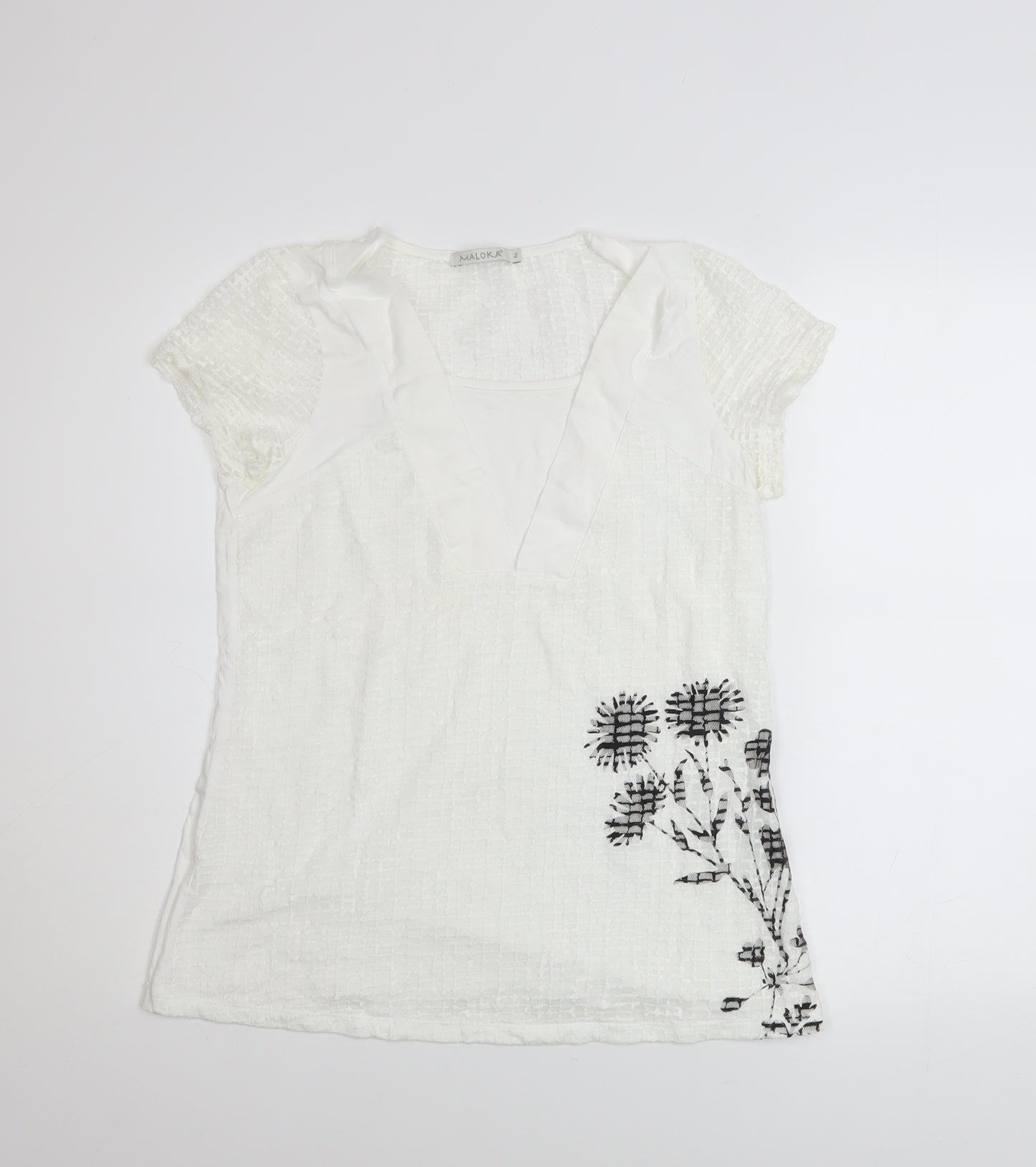 Maloka Women White Embroidered Floral Tunic Blouse Size 10