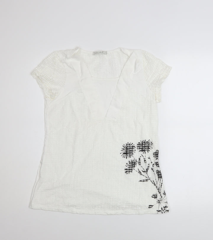 Maloka Women White Embroidered Floral Tunic Blouse Size 10