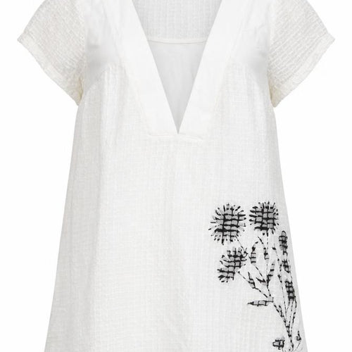Maloka Women White Embroidered Floral Tunic Blouse Size 10