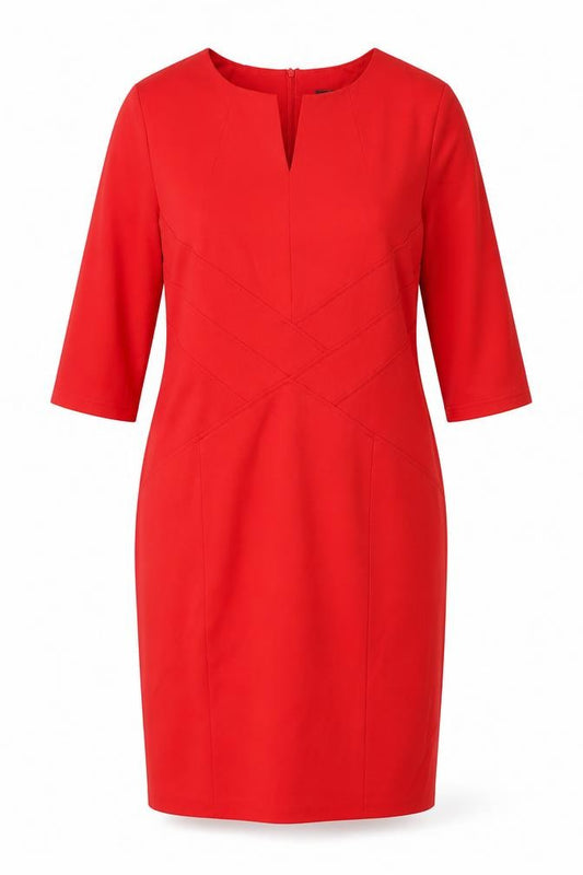 Front view of St. Bernard for Dunnes Women Red Sheath Knee Length Dress, size 16