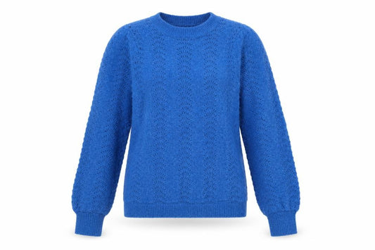 Front view of Hush women’s blue xxs crew neck long sleeve knit jumper