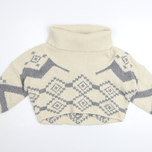 French Connection Women’s Ivory Chunky Roll Neck Geometric Jumper Size S