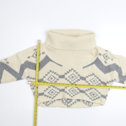 French Connection Women’s Ivory Chunky Roll Neck Geometric Jumper Size S